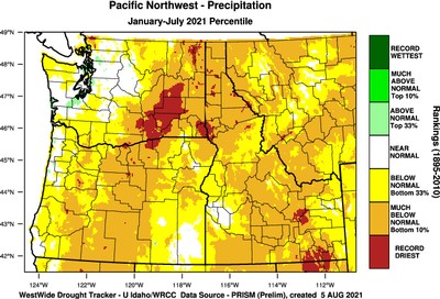 Pacific Northwest precipitation departure from normal through July 2021. (Images from WestWide Drought Tracker, Western Region Climate Center; University of Idaho)