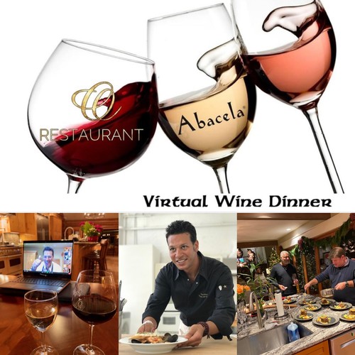 Restaurant O Virtual Wine Dinner, wine glasses, laptop, chef O'Neill