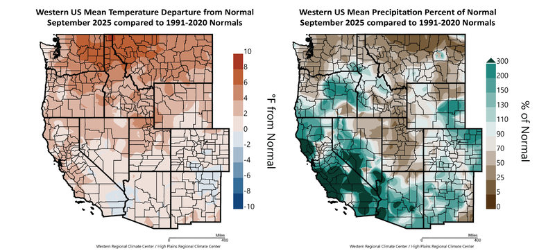 September 2025 Temperature and Precipitation Departures from Normal