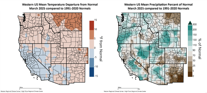 March 2025 Temperature and Precipitation Departures from Normal