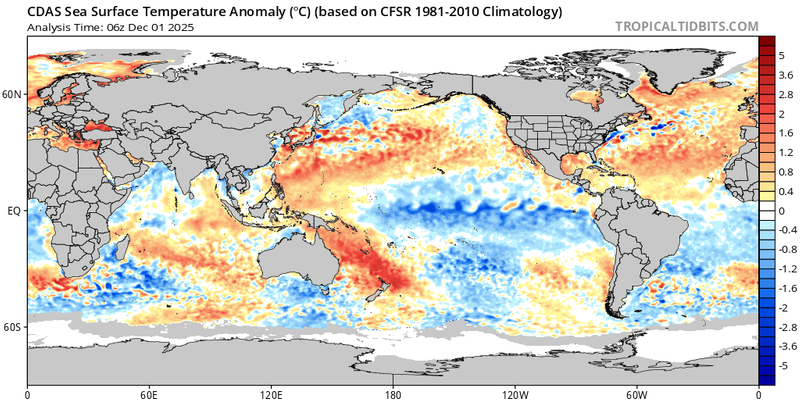 Sea Surface Temperature Departures December 1, 2025