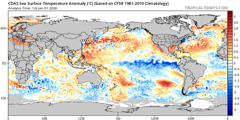 Sea Surface Temperature Departures January 1, 2026