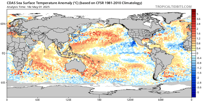 Sea Surface Temperature Departures May 1, 2025