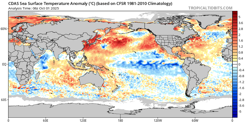 Sea Surface Temperature Departures October 1, 2025