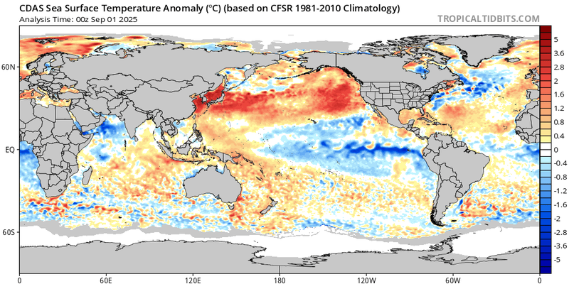 Sea Surface Temperature Departures September 1, 2025